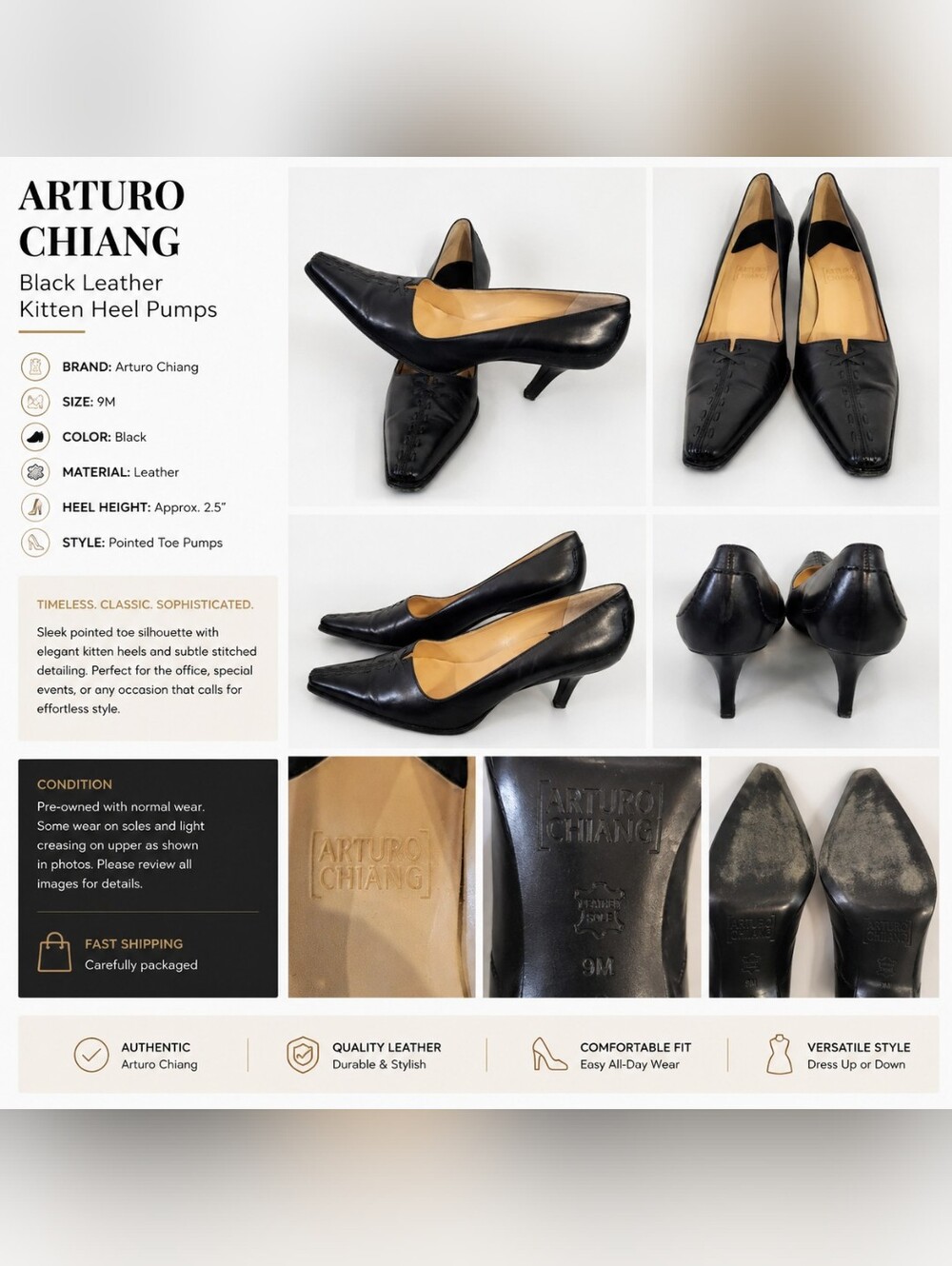 Arturo Chiang Black Leather Kitten Heel Pointed Toe Pumps 9M
